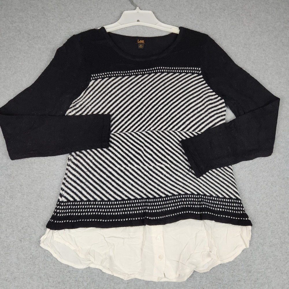 Lee Sweater Womens Medium Black White Layered Chevron Knitted Faux Shirt Hem